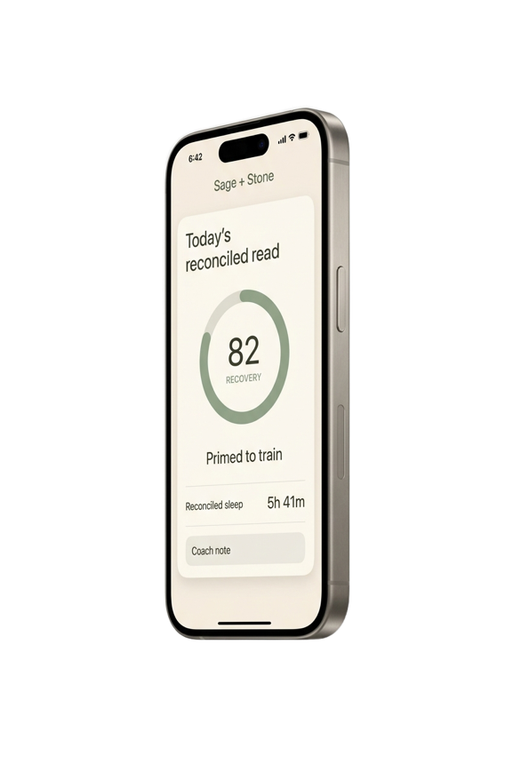 The Sage + Stone app on iPhone — this morning's reconciled read: a recovery score of 82 (primed to train), reconciled sleep of 5h 41m, and a note from the AI coach.