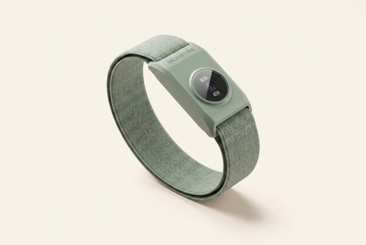 The Sage + Stone Band in the Sage colorway — a soft sage woven armband with an optical sensor module, shown at a three-quarter angle on a light oat background.