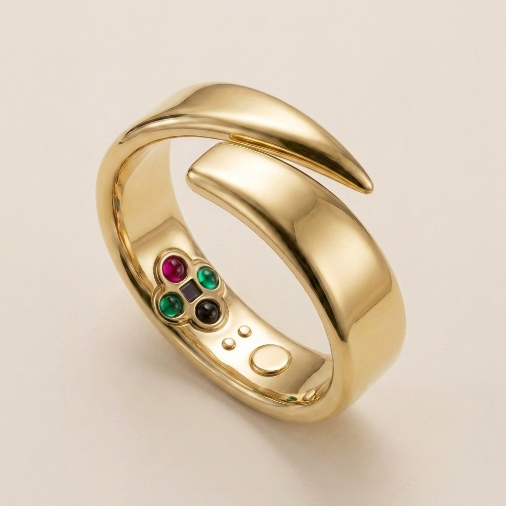The Sage + Stone Cuff in gold — a sculptural open biosensor cuff with a multi-sensor optical array set into the inner wall, on a soft oat background.
